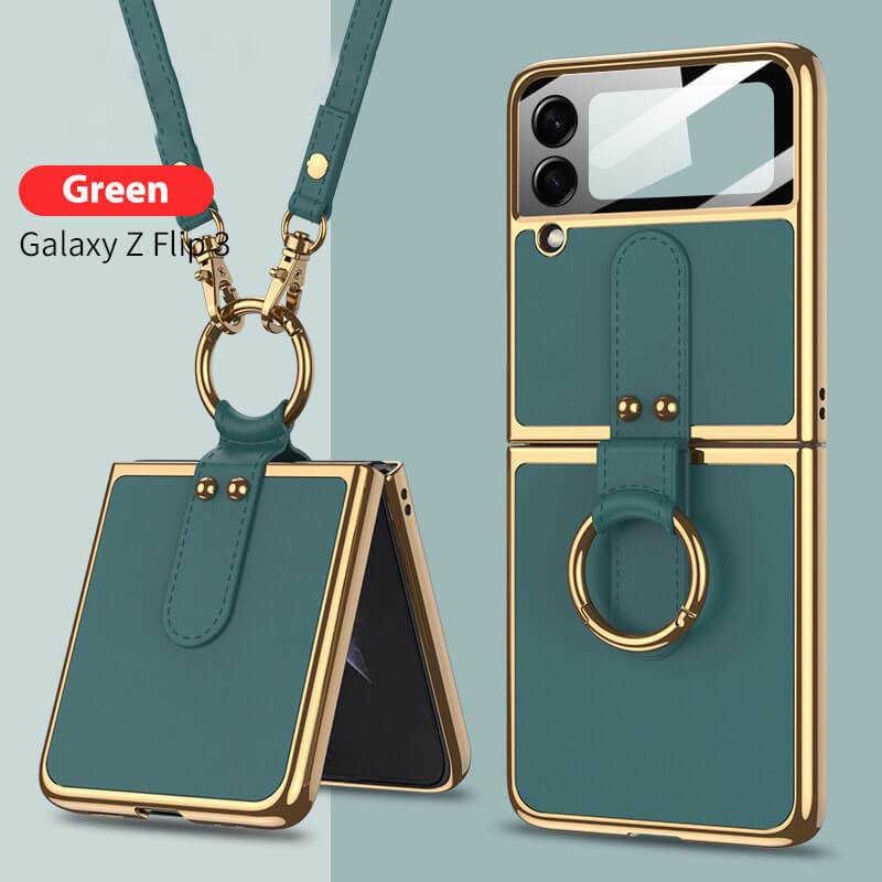 Samsung Z Flip4 Flip3 5G Original Leather Back Screen Tempered Glass Hard Frame Case with Lanyard