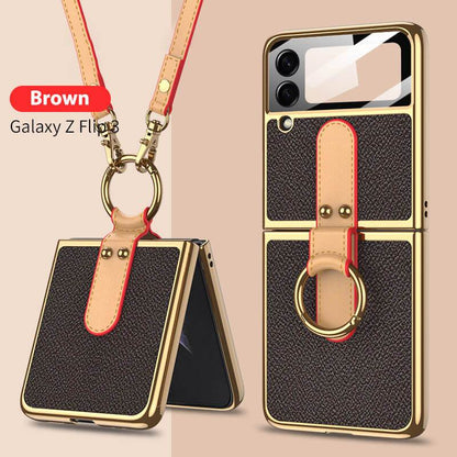 Samsung Z Flip4 Flip3 5G Original Leather Back Screen Tempered Glass Hard Frame Case with Lanyard