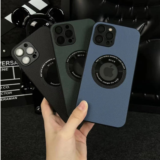 Tempered Glass Back Leather Magnetic Charging Case for iPhone