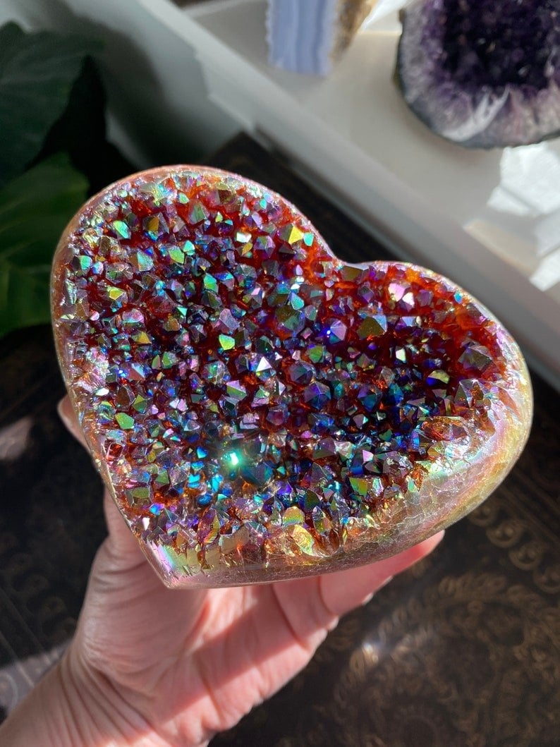 Aura Heart Shaped Rainbow Crystal Cluster