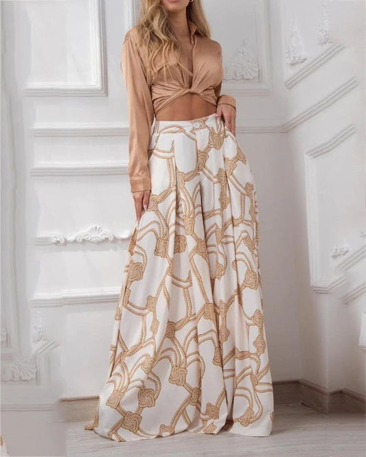 Casual Two-Piece Set With Lapel Solid Color Top & Rope Print Trousers