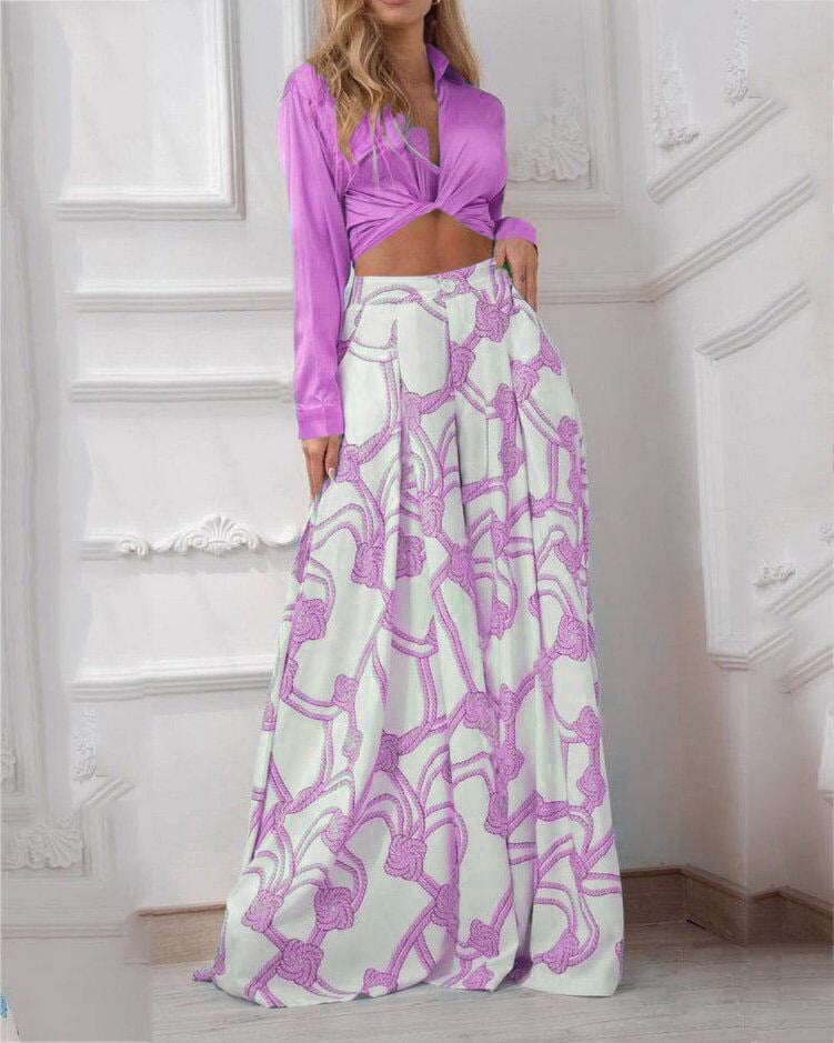 Casual Two-Piece Set With Lapel Solid Color Top & Rope Print Trousers